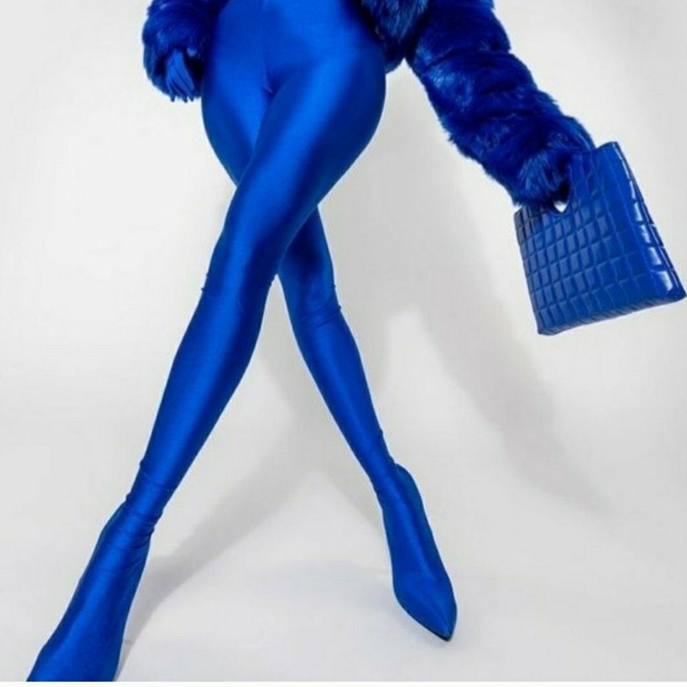 AZALEA WANG ALL IN ONE BLUE LEGGINGS AND BOOTS.